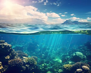 Fototapeta na wymiar Abstract Ocean Backgrounds for Design. Blue Water, Aquatic Beauty and Atlantic Bay Below