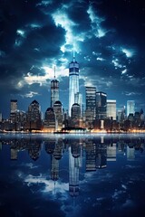 Obraz premium Blue Skyline of Manhattan. The City at Night with Iconic New York Buildings in Blue Hue Boasting