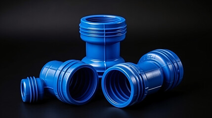 Set of blue PVC pipe fittings isolated on dark background