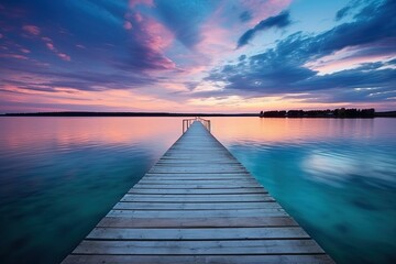 Fototapeta na wymiar Blue Lake Sunset with Twin Wooden Piers Reflecting in the Calm Water: Relaxing Beachscape