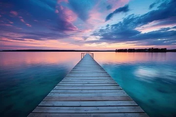  Blue Lake Sunset with Twin Wooden Piers Reflecting in the Calm Water: Relaxing Beachscape © Serhii