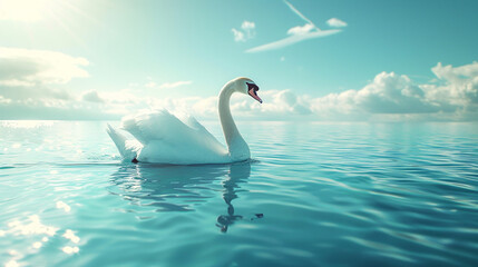 Serene swan gliding gracefully on the tranquil blue lake waters. 