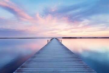 Blue Lake Sunset Pier Reflections with Two Wooden Piers on Water's Edge - obrazy, fototapety, plakaty