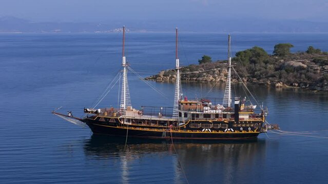 Close shot of an imitation pirate ship located in Lagonisi, Chalikidiki, Greece
