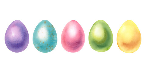 A set of watercolor Easter eggs in pink, blue, yellow, green and purple colors. Hand-drawn illustration on a white background. Clipart for designers.