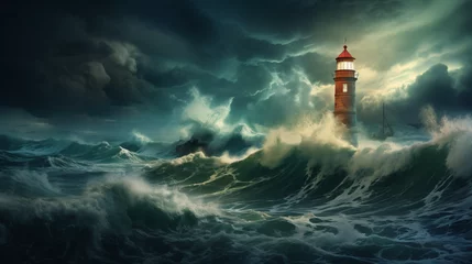 Rolgordijnen Shining lighthouse in the raging night sea storm o © Anaya