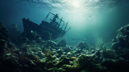 Fototapeta na wymiar Shipwreck diving on a sunken ship underwater lands