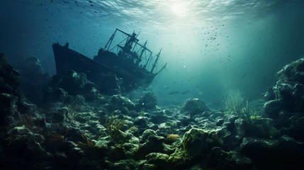 Muurstickers Shipwreck diving on a sunken ship underwater lands © Anaya