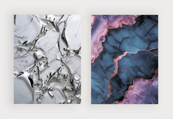 Silver and blue with pink marble texture for design cards, banners, invitatios
