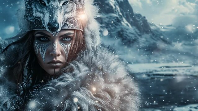 A fierce warrior queen clad in animal furs and a fierce wolf mask exuding strength and power. In the background a snowy Vikinginspired landscape with mountains and icy rivers.