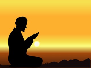 Silhouette of moslim Praying in Ramadan Kareem with copy space and beautiful background. Card and Banner Template. Vector Illustration