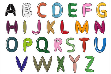 Colorful 3d Bubble Alphabet set isolated white background. Colored Word in air Balloon style. Rainbow Font template. Vector illustration can used web social media design. EPS 10 Editable stroke