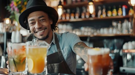 Happy waiter serving drinks while working in a cafè bar. - obrazy, fototapety, plakaty