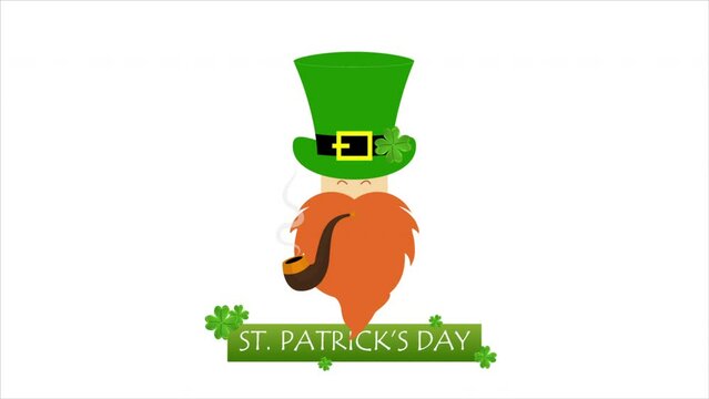 St Patricks Day leprechaun with pipe, art video illustration.