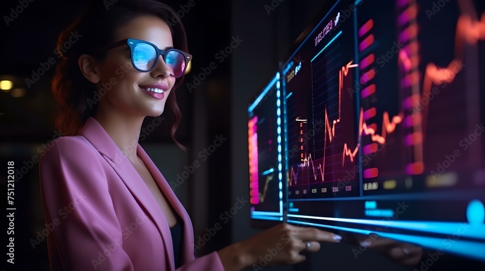 Poster smiling professional analyzing data on screens in dim office. technology, analytics in action. moder