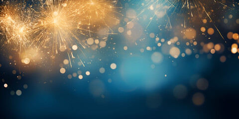 Beautiful abstract shiny gold and blue background with glitter bokeh, Christmas Bokeh Sparkle Glowing Lights