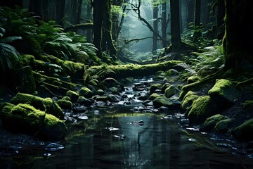 Beautiful dark forest with a stream and mossy stones in the foreground