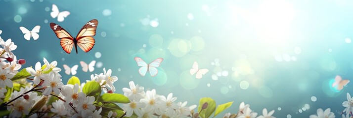 Fresh Spring Abstract Nature Background with Flowers, Butterfly and Sky - Perfect for April, May, and Easter - obrazy, fototapety, plakaty