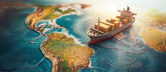 import export logistics distribution transportation business concept background. container ship model on world map