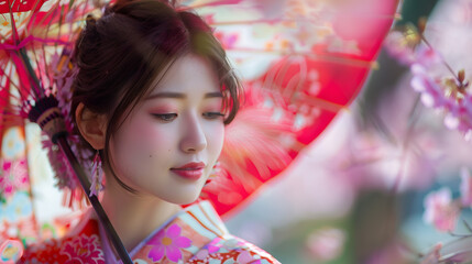 a Japanese female model who positions herself gracefully, wearing traditional Japanese clothing (kimono or yukata), Ai generated Images