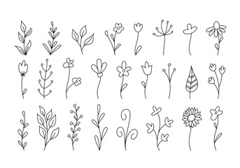 Floral Spring Doodles Editable Stroke Set. Hand Drawn Monoline Summer Flowers Black and White. Cute Simple Flora Collection.