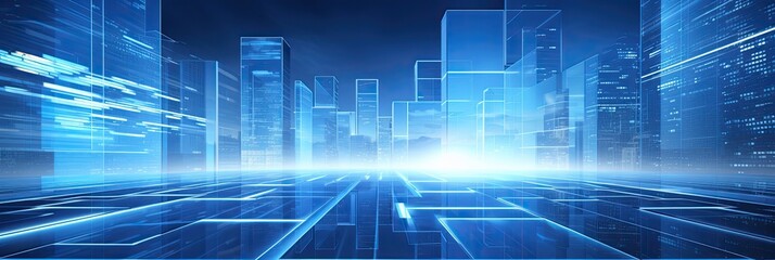 Obraz premium Futuristic Blue Building with High-Tech Business Wall. Modern Perspective for Innovation and Technology Business Background