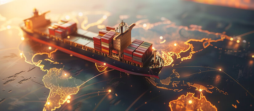 import export logistics distribution transportation business concept background. container ship model on world map