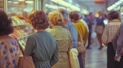 People customers in store walk between rows. Person buy healthy food in supermarket. Grocery market...
