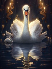 A majestic swan spreads its wings on serene waters glowing with the reflection of golden candlelight, accompanied by a cygnet in a magical setting. - obrazy, fototapety, plakaty