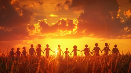 Fototapeta na wymiar Sunset Solidarity A Group of People Holding Hands in a Field Generative AI