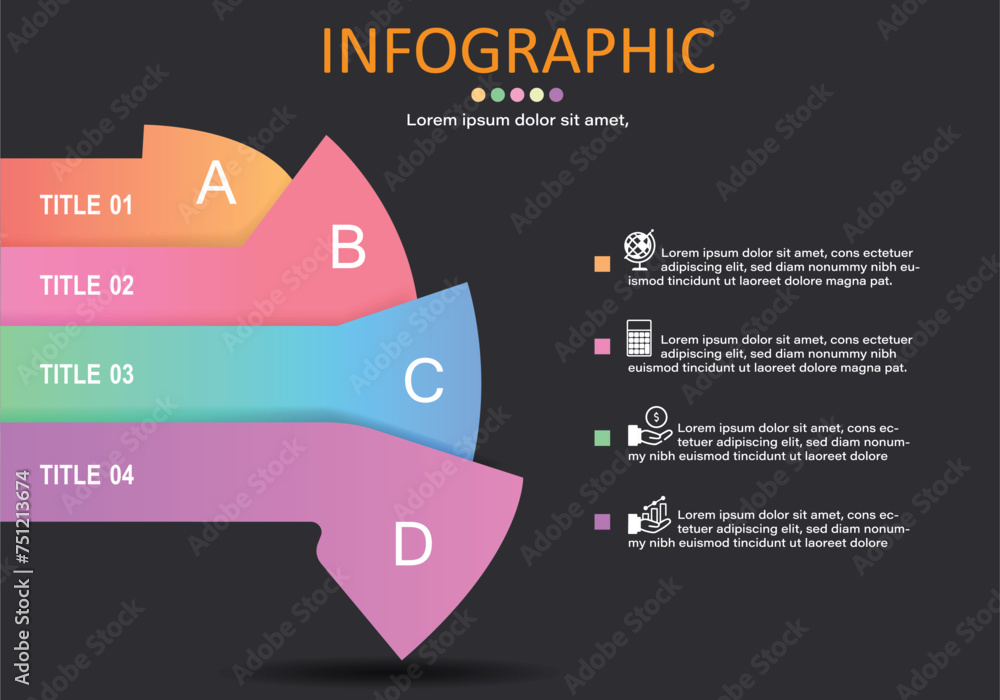 Poster vector infographic on a gray-black background with layers, sequences or work steps divided into 4 mo