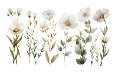watercolor arrangements with flowers wildflowers, leaves, branches. Botanic illustration