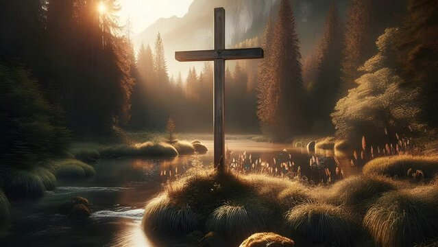 Video motion loop Cross in the edge of river , the Day of ressuraction of Jesus Concept for background 