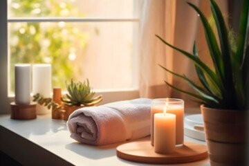 Candle and Towels on Window Sill in bathroom. AI generated - 751214033