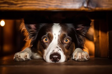 Nervous Border Collie seeking refuge under a table or hiding spot, trying to avoid the loud sounds of fireworks
