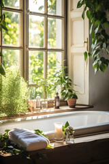 Bathroom With Plants and Candles by Window. AI generated - 751214076