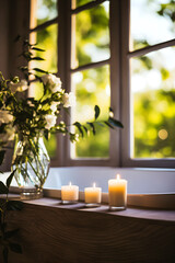 White Flowers in Vase by Window in bathroom. AI generated - 751214079