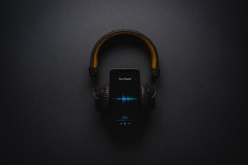 Smartphone with music player app and on-ear headphones on dark gray background