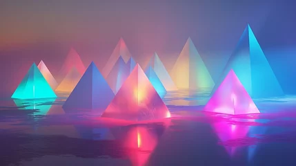 Foto op Canvas A surreal landscape of abstract pyramids, softly lit with a spectrum of neon colors, creating a dreamlike and minimalist ambiance. © Exotic Graphics
