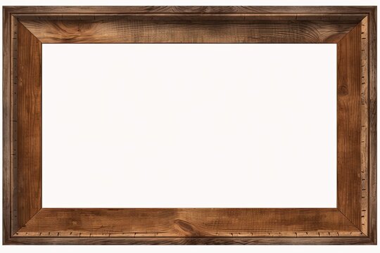 Old Rustic Wood Frame Isolated on White Background with Clipping Path - Vintage Timber Photo Frame in Brown Wooden Design