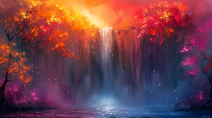 Poster Fantasy landscape with waterfall in the autumn forest. Digital painting. © Nutchanok