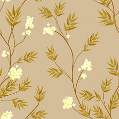 Branches with white flowers and gold leafs on a beige background. Seamless vector pattern.	