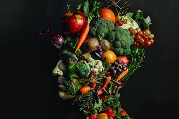 Various food such as vegetables, fruits and peas in head. Nutrition for brain health. Generative AI.