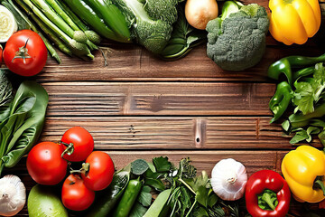 fresh vegetables on wooden background with space for text