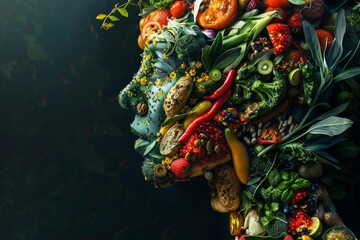 Various food such as vegetables, fruits and peas in head. Nutrition for brain health. Generative AI.