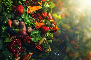 Various food such as vegetables, fruits and peas in head. Nutrition for brain health. Generative AI. - obrazy, fototapety, plakaty