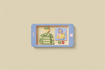 Paper smartphone with video call of soldier with family.