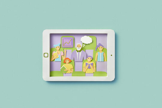 Papercraft tablet with video call of lecturer and students