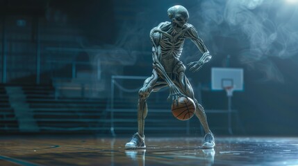 Alien basketball player dribbling the ball, playing game in gymnasium