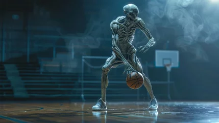 Rolgordijnen Alien basketball player dribbling the ball, playing game in gymnasium © arhendrix
